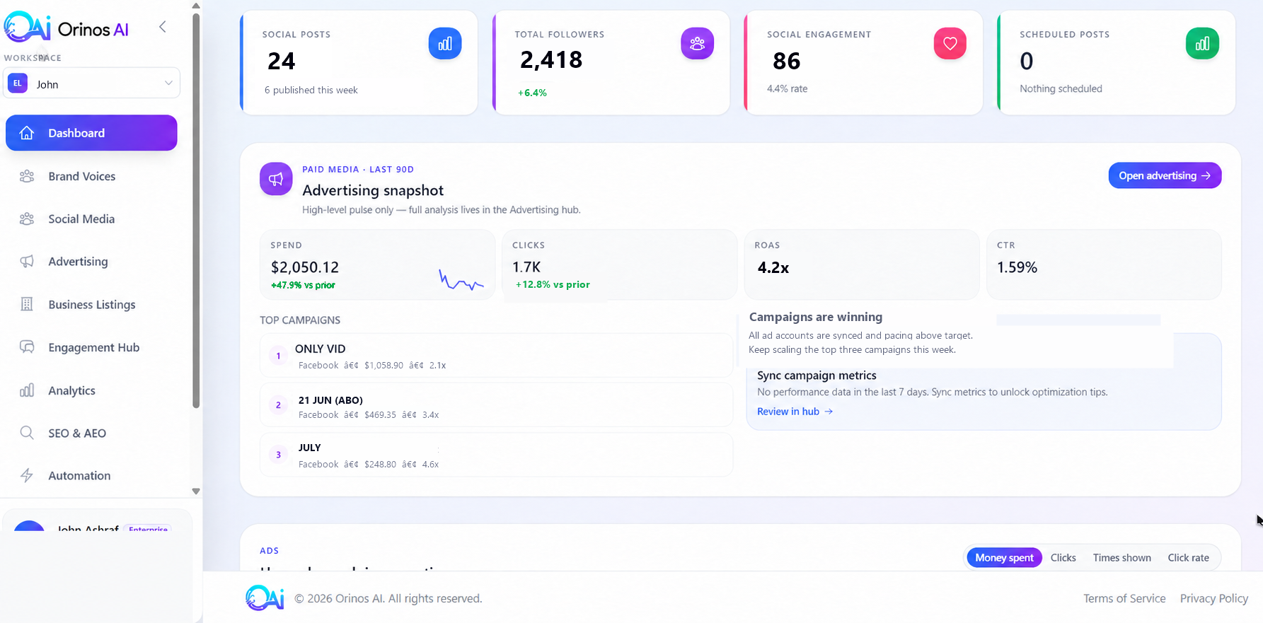 Original Orinos AI platform Advertising Snapshot showing channel metrics, top campaigns, and the next recommended action without cursor or profile overlay